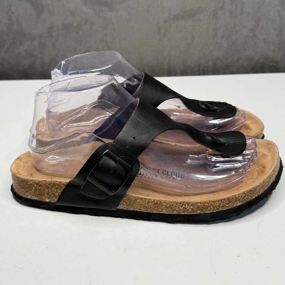 Project Cloud Thong Sandals Women 8 Black Faux Leather Cork Memory Foam T-Strap